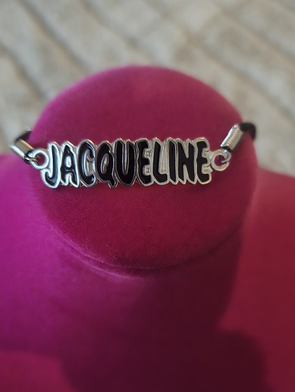 Personalized 'Jacqueline' Nameplate Bracelet in Black and Silver